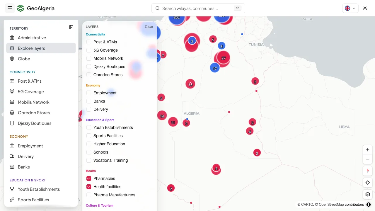 GeoAlgeria interactive map with the open-data layers panel