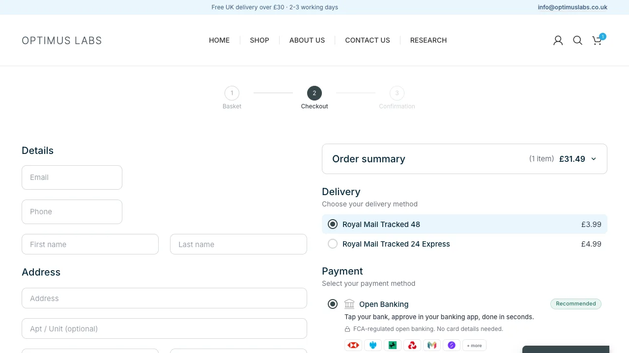 Optimus Labs checkout with Open Banking and Royal Mail